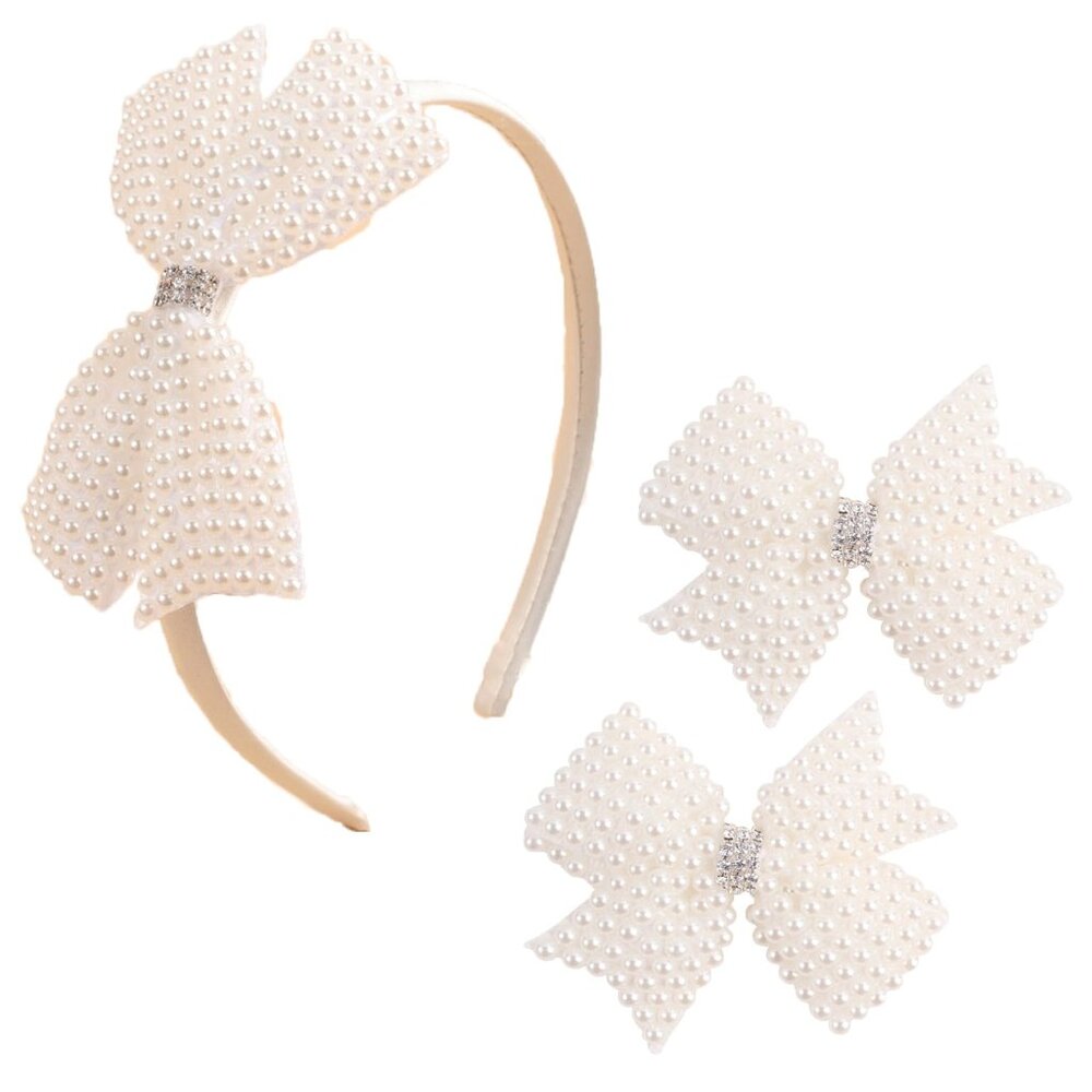 Pearl Hair Bow Clips Headband Elegant Kids Hair Accessories Interchangeable